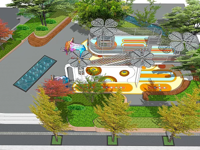 Vibrant Park Landscape With Colorful Playground Slides Green Lawns And Shade Trees 3d model