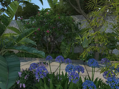 Lush Tropical Garden With Blue Flowers Purple Blooms And Large Green Leaves 3d model