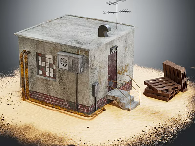 Miniature Shabby House Model Featuring Gray Roof Grid Vent Pipes Wooden Pallet On Sandy Ground 3d model