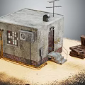 Miniature Shabby House Model Featuring Gray Roof Grid Vent Pipes Wooden Pallet On Sandy Ground