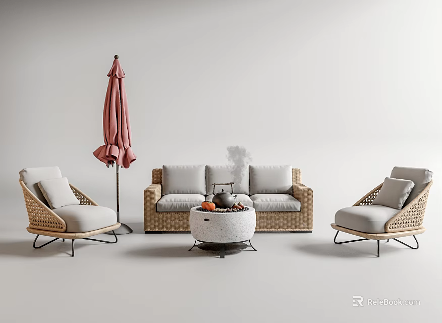 Stylish Outdoor Sofa Set Featuring Rattan Design Matching Chairs And Round Coffee Table 3d model 