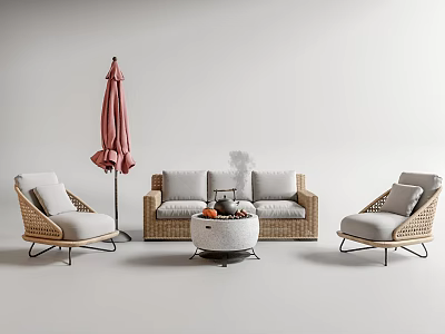 Stylish Outdoor Sofa Set Featuring Rattan Design Matching Chairs And Round Coffee Table 3d model