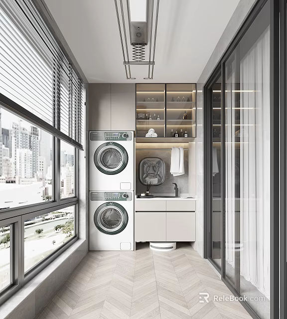 Home Balcony Laundry Area With Modern Design Double Washing Machines And City View Through Windows 3d model 