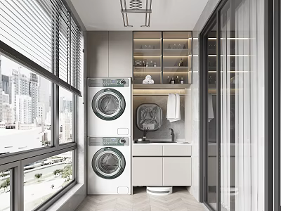 Home Balcony Laundry Area With Modern Design Double Washing Machines And City View Through Windows 3d model
