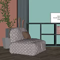 Modern Single Sofa with Grey Patterned Fabric Brown Cushion Green Plant and Herringbone Wooden Floor