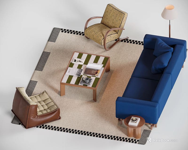 Blue Sofa And Coffee Table Set With Geometric Rug Rocking Chair And Floor Lamp 3d model 