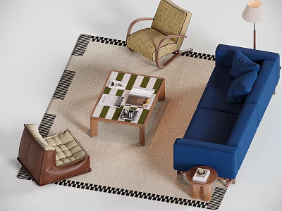 Blue Sofa And Coffee Table Set With Geometric Rug Rocking Chair And Floor Lamp 3d model