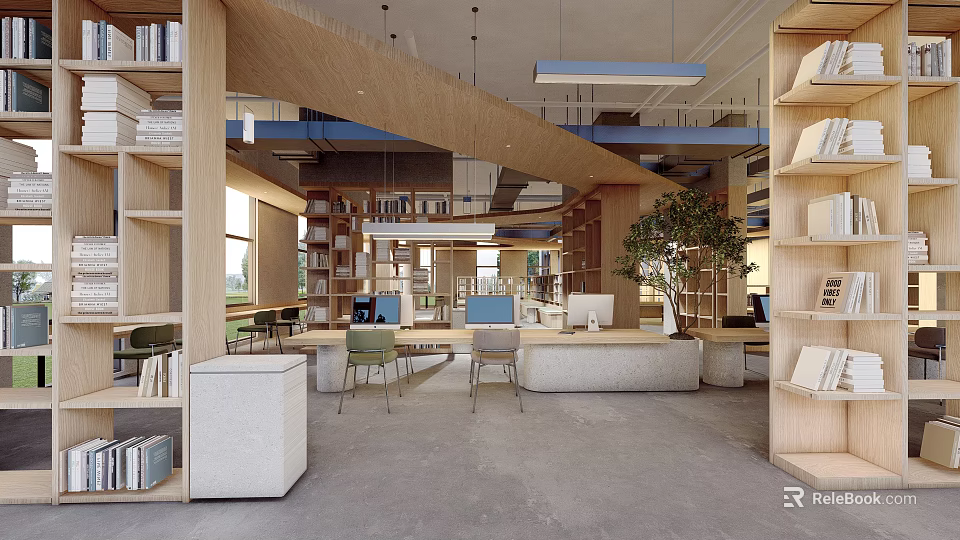 Book Art Library Space with Wooden Bookshelves Desks Chairs and Green Plant Open Layout 3d model 