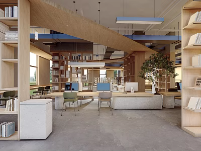 Book Art Library Space with Wooden Bookshelves Desks Chairs and Green Plant Open Layout 3d model