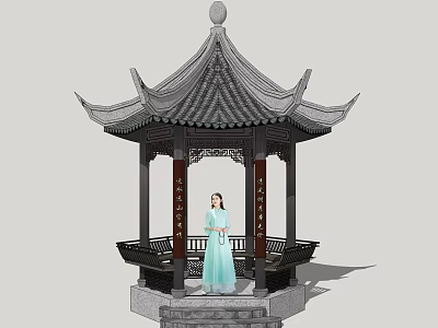 Elegant Traditional Chinese Pavilion With Classical Design And Woman In Hanfu 3d model