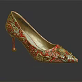 Luxurious Red Gold Embroidered High Heels with Pointed Toe and Stiletto Heel