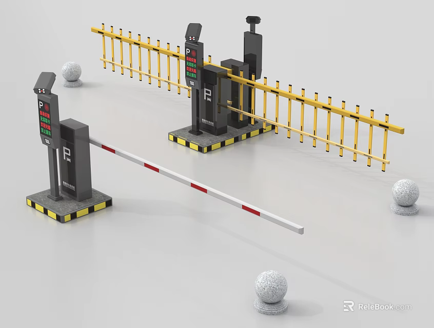 Public Facility Automatic Access Control Gate With Yellow Safety Railing And Control Device 3d model 