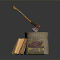 Fresh Tree Stump Display With Axe And Chopped Wood Logs On Dark Background