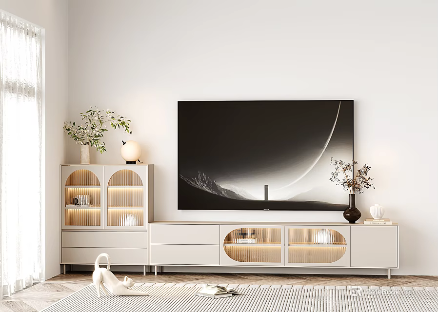 Modern White TV Stand With Storage Cabinets Plants And Wall Mounted TV 3d model 