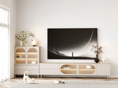 Modern White TV Stand With Storage Cabinets Plants And Wall Mounted TV 3d model