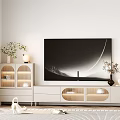 Modern White TV Stand With Storage Cabinets Plants And Wall Mounted TV