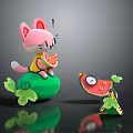 Game Movie Character Pink Cat with Yellow Outfit Holding Watermelon Slice Sitting on Green Object