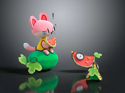 Game Movie Character Pink Cat with Yellow Outfit Holding Watermelon Slice Sitting on Green Object 3d model