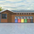 Waste Sorting Collection House With Colorful Trash Bins Near Grassland And Tree