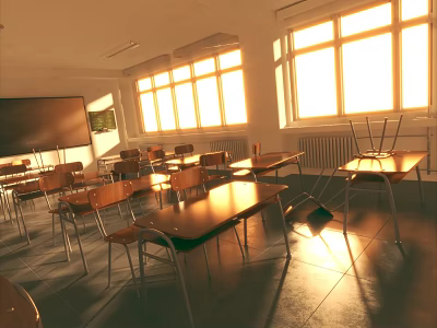 School Classroom With Desks Chairs Large Windows Sunlight And Big Screen 3d model
