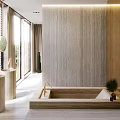 Modern Bathroom Interior With Wooden Wall Panel Bathtub Pedestal Sink Golden Faucet And Natural Light