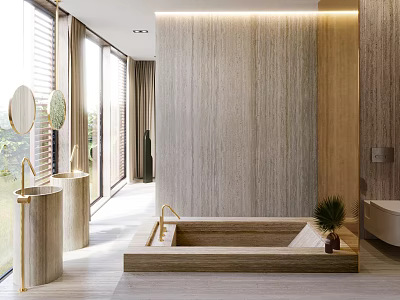 Modern Bathroom Interior With Wooden Wall Panel Bathtub Pedestal Sink Golden Faucet And Natural Light 3d model