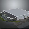 Industrial Warehouse Building With Gray Roof Glass Entrance White Walls And Green Grass