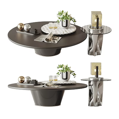Stylish Round Black Coffee Table With Green Plant Candle Holder Magazine And Decorative Balls 3d model