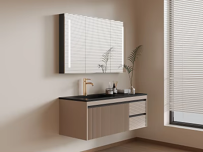 Sleek Light Colored Bathroom Vanity With Mirror Countertop Plant And Window Blinds 3d model