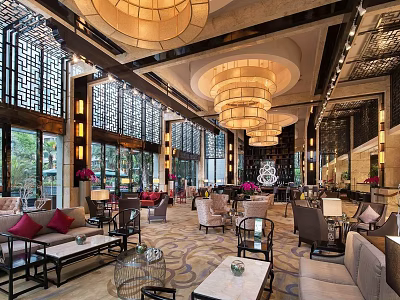 Luxurious Hotel Lobby With Elegant Chandeliers Chinese Lattice Windows Comfortable Seating Areas And Natural Light 3d model