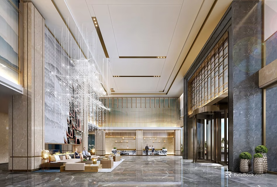 Luxurious Hotel Lobby Interior With Crystal Chandelier Marble Floor And Modern Sofa Area 3d model 