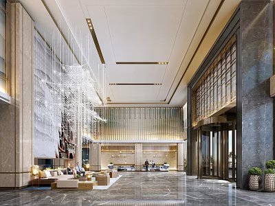 Luxurious Hotel Lobby Interior With Crystal Chandelier Marble Floor And Modern Sofa Area 3d model