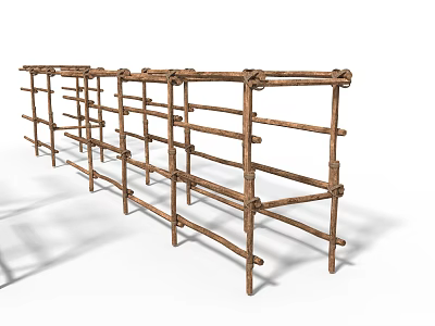 Stone Wood Fence Structure With Crossed Wooden Bars For Outdoor Garden Decoration 3d model