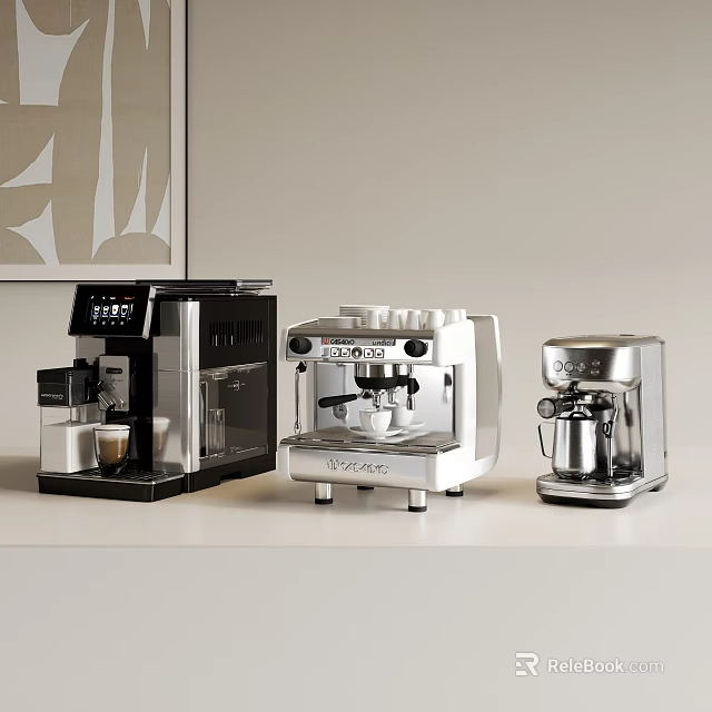 Modern Kitchen Appliances Featuring Different Coffee Machines With Sleek Design On Countertop 3d model