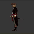 Pirate Themed Game Movie Character With Black Coat Red Sash Sword At Waist Standing Pose