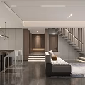 Modern Basement Interior Design With Sofa Bar Counter Marble Staircase And Cabinets 3d model