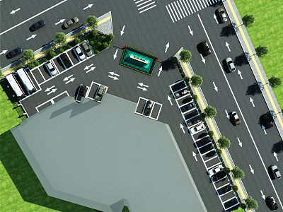 Well Designed Parking Lot Featuring Parked Cars Landscaping And Directional Arrows 3d model
