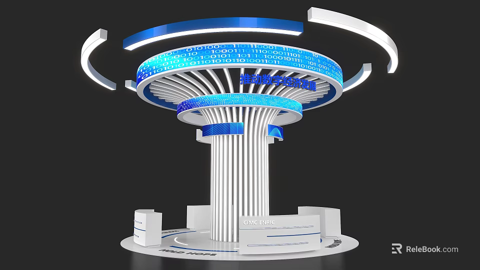 Modern Architectural Structure With Circular Blue Rings White Columns And Platform Base 3d model