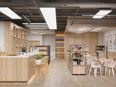 Modern Shopping Mall Shop Interior With Wooden Counter Bar Stools Tables Chairs And Display Shelves 3d model