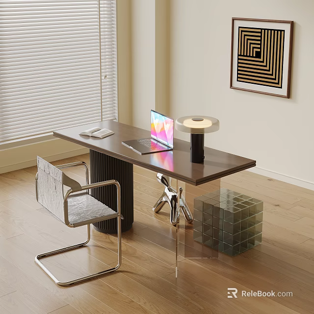 Modern Dark Wood Desk With Laptop Table Lamp Chair And Transparent Cube Storage 3d model 