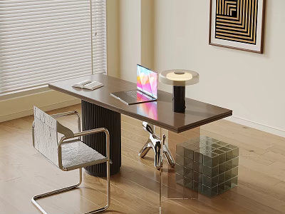 Modern Dark Wood Desk With Laptop Table Lamp Chair And Transparent Cube Storage 3d model