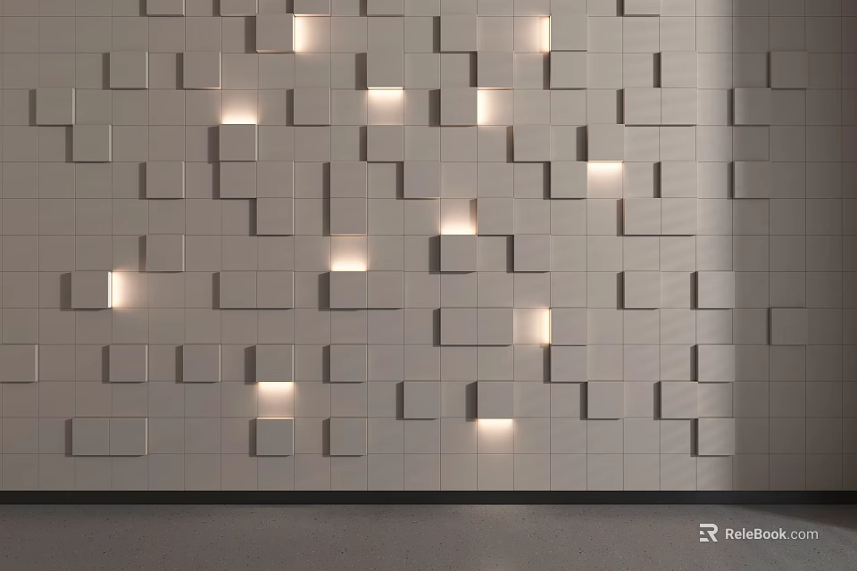 Modern Background Wall With Geometric Square Pattern And Built In Lighting Design 3d model