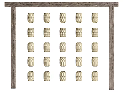 Traditional Beige Woven Lanterns Suspended On Wooden Frame With Vertical Rows 3d model