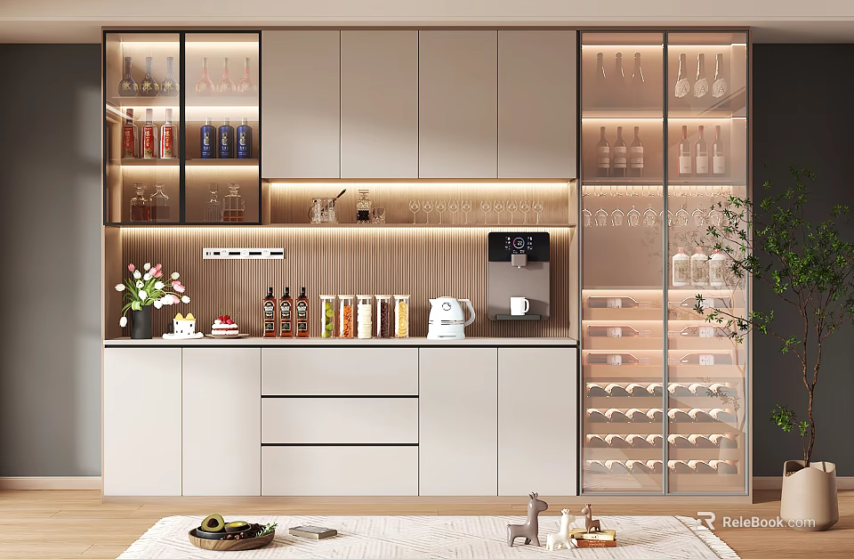 Modern Wine Cabinet With Glass Doors And Wine Bottles In Home Interior Coffee Station 3d model 