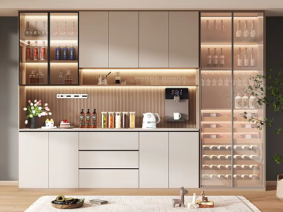Modern Wine Cabinet With Glass Doors And Wine Bottles In Home Interior Coffee Station 3d model