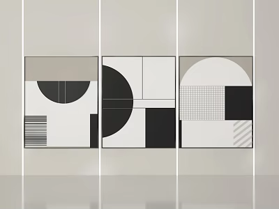Three Geometric Abstract Paintings Hung On Light Colored Wall With Black White Gray Tones 3d model
