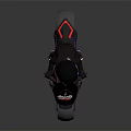 Futuristic Helmeted Biker Riding Sleek Black Motorcycle With Red Blue Wheels And Purple Visor