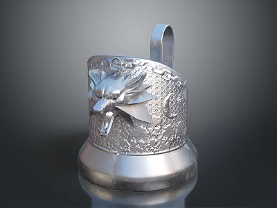 Silver Metal Container Featuring Intricate Fox Head Engraved Design And Handle 3d model