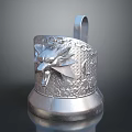 Silver Metal Container Featuring Intricate Fox Head Engraved Design And Handle 3d model