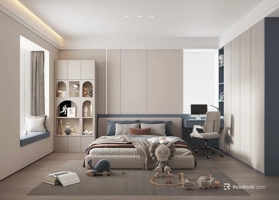 Cozy Kids Room Interior with Bed Stuffed Toys Desk Chair Shelves and Soft Rug 3d model 